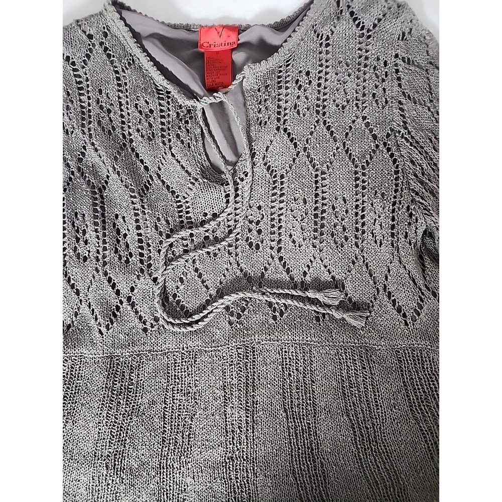 Christina V Women's Medium Crochet‎ Sweater Long Sleeve Gray Toole Trim Boho EUC - Picture 8 of 13